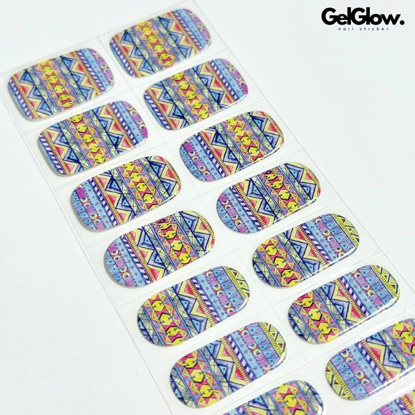 Geometric Blue Bohemian Nails Semi Cured Gel Nail Strips - NG200285