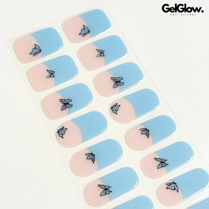 Cute Sky Blue French Tip Nails : Black Butterfly Semi Cured Gel Nail Strips - NG200287