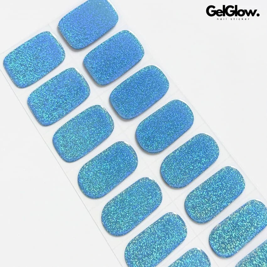 Baby Blue Holographic Rainbow Glitter Nail Semi Cured Gel Nail Strips - NG200322