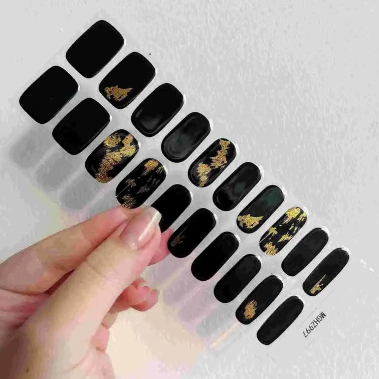 Party Nails Black and Gold Foil Nails Semi Cured Gel Nail Strips 997