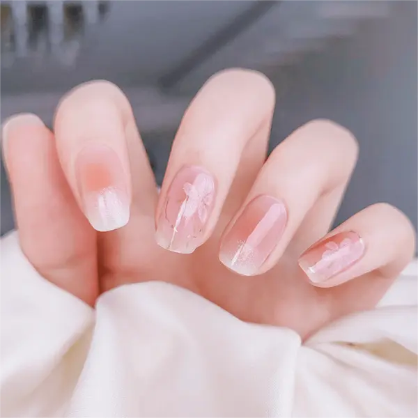 Pink Sparkle Glitter French Tip Nails With Flower Semi Cured Gel Nail Strips