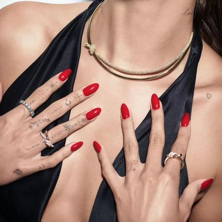 Rebellious Rose Glossy Lipstick Classic Bright Red Nails Semi Cured Gel Nail Strips