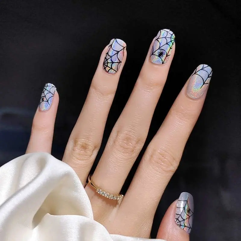 Silver Sequin Spider Web Halloween Nails Semi Cured Gel Nail Strips