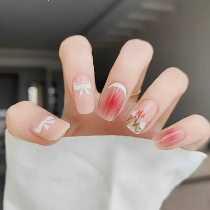 Spring Nails Pink Bow Tulip Blush Nails Semi Cured Gel Nail Strips