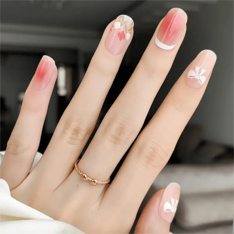 Spring Nails Pink Bow Tulip Blush Nails Semi Cured Gel Nail Strips - NG200080