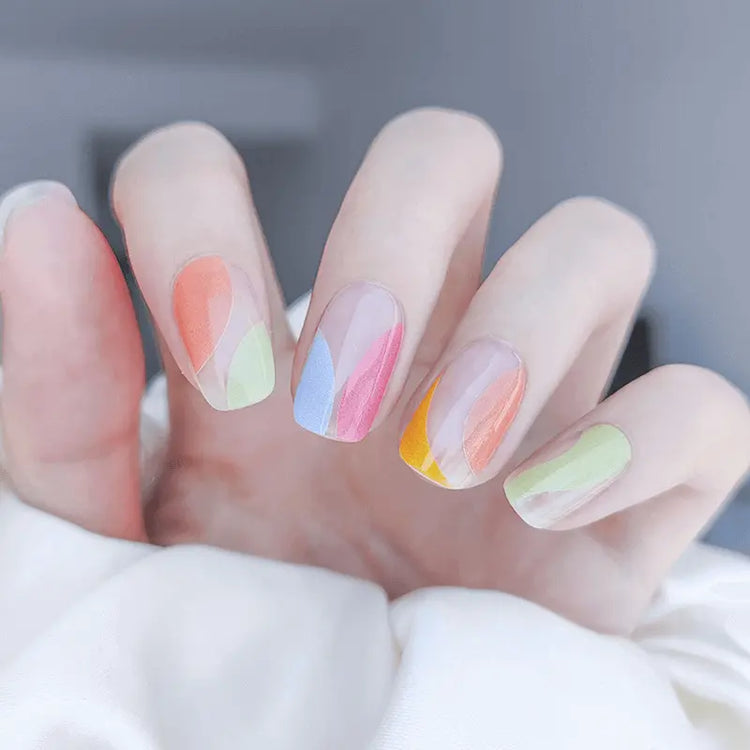 Spring Summer Nail Designs Glossy Swirl Lines Colorful French Nails Semi Cured Gel Nail Strips