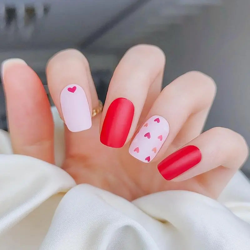 Valentine's Day Nails Matte Red Nails with Hearts Semi Cured Gel Nail Strips