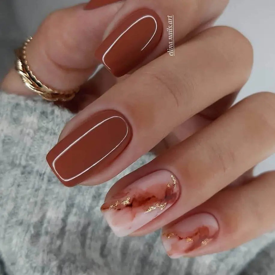 Fall Nails Design Gorgeous Cinnamon Brown Marble Design Semi Cured Gel Nail Strips - NG200356 Quinnas