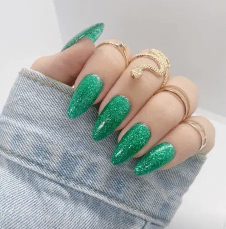 Classic Sparkling Crystal Green Glitter Nails Christmas Nails Semi Cured Gel Nail Strips - NG200152 Quinnas