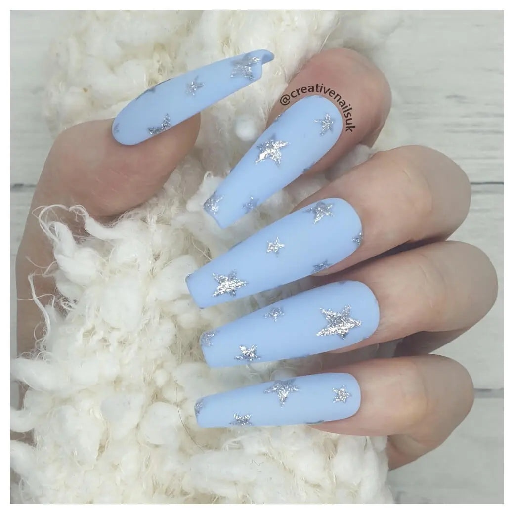 Blue Nail Design Silver Stars Nails Semi Cured Gel Nail Strips - NG200276 Quinnas