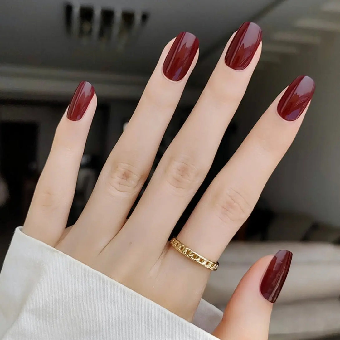 Solid Cherry Red Nails Burgundy Nail Color Dark Red Nails Semi Cured Gel Nail Strips 005