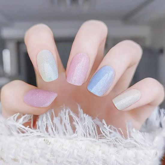 Rainbow Ombre Glossy Nails Colorful Glitter Nails Candy Nails Semi Cured Gel Nail Strips - NG200212 Quinnas